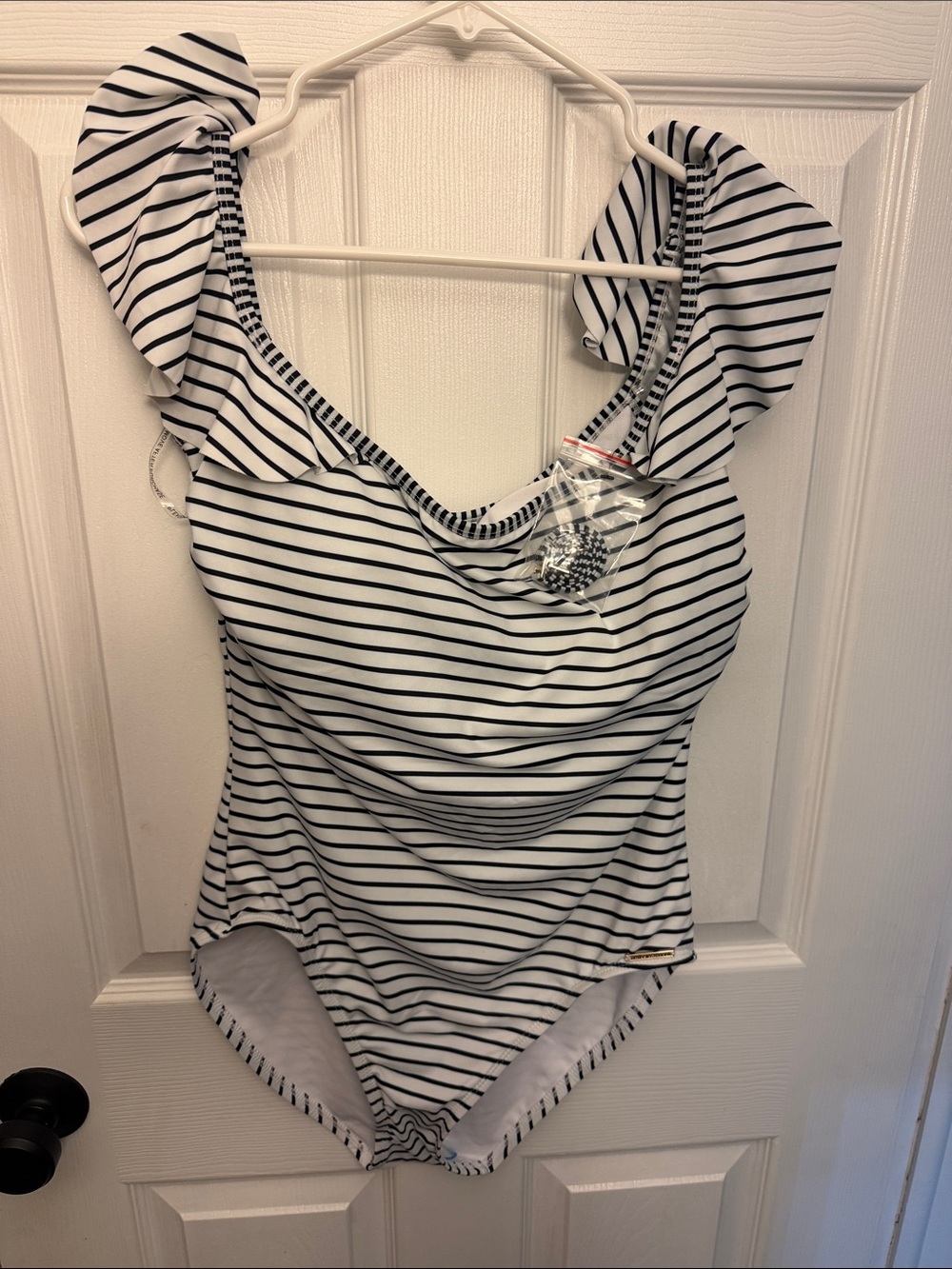 Vince Camuto Black & White Striped Ruffle-Shoulder One-Piece Swim